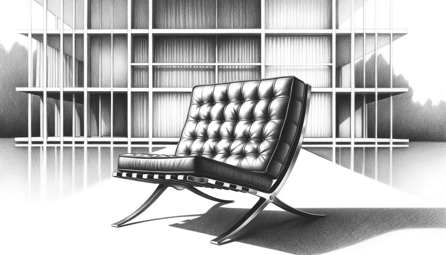 A black and white pencil drawing for a blog post, depicting material research on the Barcelona Chair with a soft grid of Mies van der Rohe's facades
