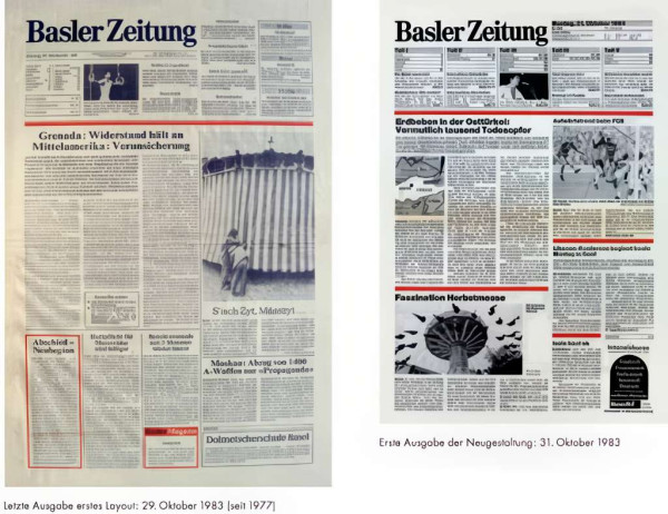 Basler Zeitung, Design ab 1977 und Nuegestaltung ab 1983.